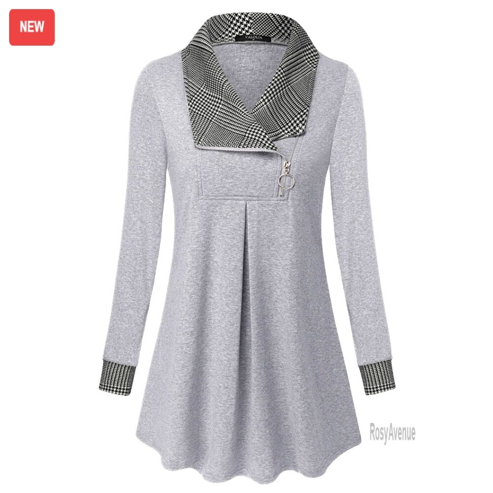 Long Sleeve Zipper Lapel Pullover Tunic Sweatshirt Loose Fit A-Line